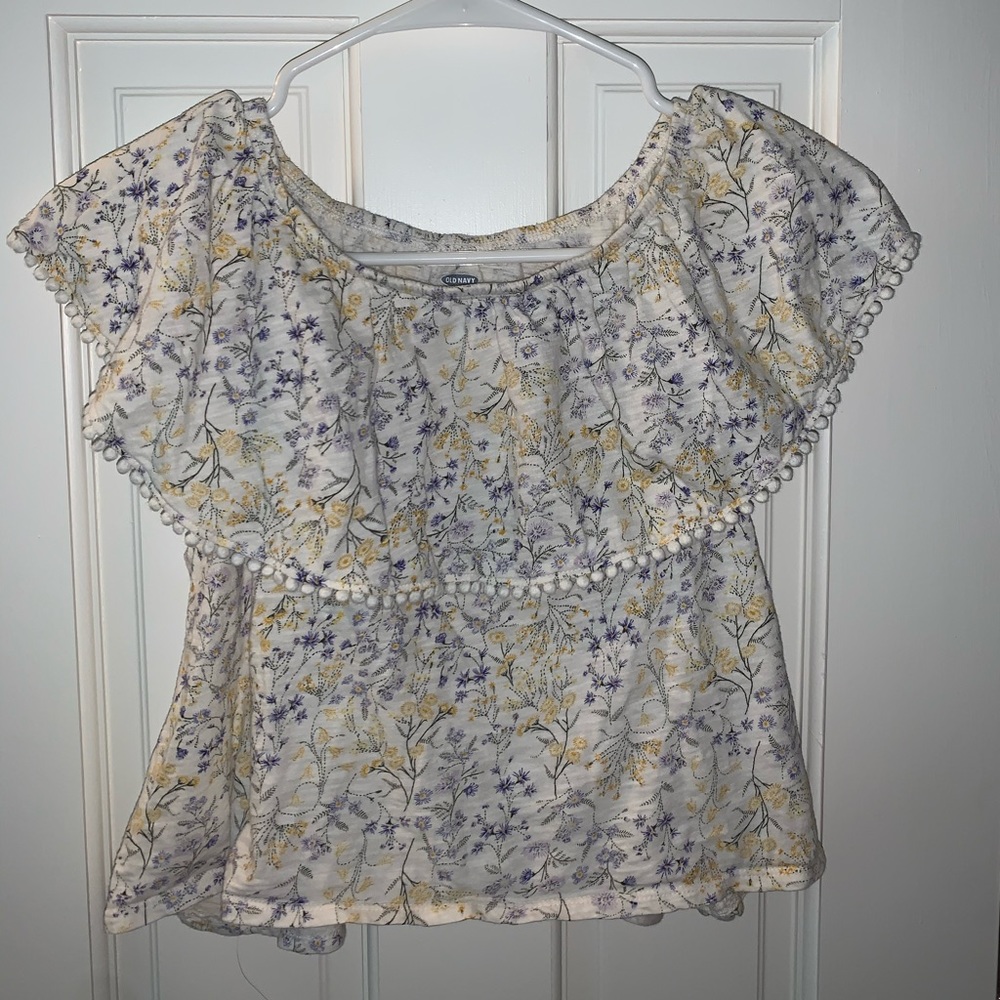 Floral Ruffle + Pom-Pom Trim Off-the-Shoulder Top